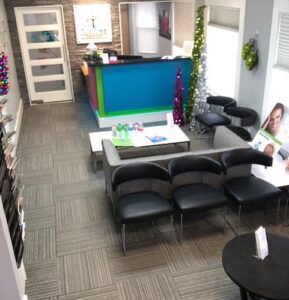 waiting room and front desk of Tulip Tree Dental Care